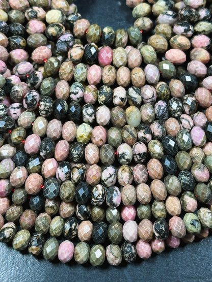 Natural Rhodonite Gemstone Bead Faceted 7x5mm Rondelle Shape, Beautiful Natural Black Pink Color Rhodonite Gemstone Bead, Full Strand 15.5"