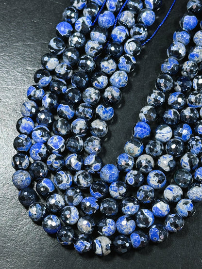 Mystic Natural Tibetan Agate Gemstone Bead Faceted 8mm 10mm Round Beads, Beautiful Mystic Blue Black Agate Stone Beads, Full Strand 15.5"