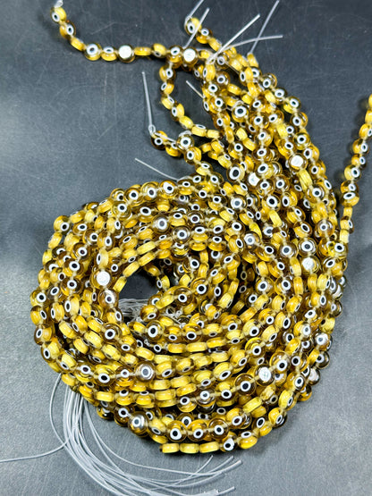 Beautiful Evil Eye Glass Beads 6mm 8mm Flat Coin Shape, Beautiful Yellow Clear Evil Eye Beads, Religious Amulet Prayer Beads