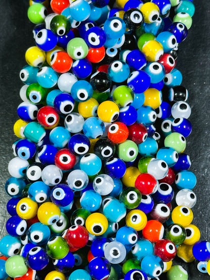 Beautiful Colorful Evil Eye Glass Beads 10mm Round Beads, Beautiful Multicolor Rainbow Evil Eye Amulet Glass Beads, Full Strand Glass Beads