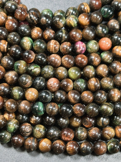 Natural Multicolor Tiger Eye Gemstone 8mm 10mm Round Beads, Gorgeous Multicolor Brown Navy Turquoise Color Tiger Eye Gemstone Beads 15.5"