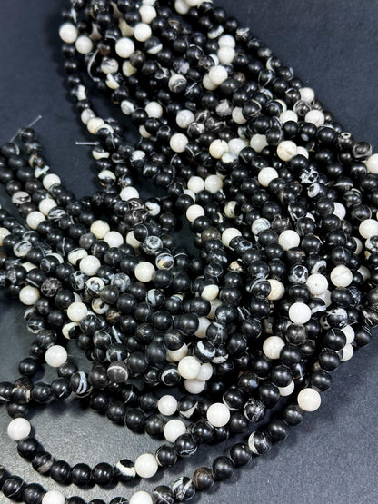 Natural Black White Agate Gemstone Bead 6mm 8mm 10mm Round Beads, Beautiful Black White Color Agate Gemstone Full Strand 15.5"