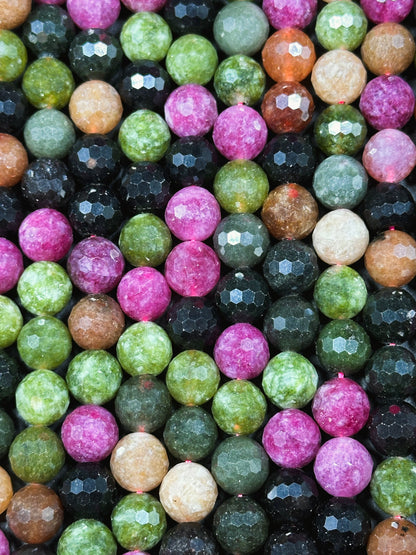 Natural Tourmaline Quartz Gemstone Bead Faceted 8mm 10mm Round Beads, Beautiful Multicolor Tourmaline Quartz Stone Beads, Full Strand 15.5"