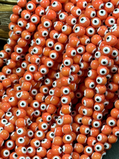 Beautiful Evil Eye Glass Beads 8mm Round Beads, Beautiful Orange Coral Color Evil Eye Amulet Glass Beads, Full Strand Glass Beads