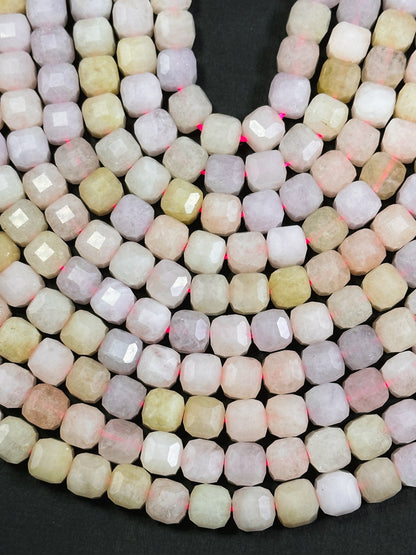 AAA Natural Morganite Gemstone Bead Faceted 8mm Cube Shape, Gorgeous Multicolor Pastel Pink Yellow Purple Morganite Beads, Excellent Quality