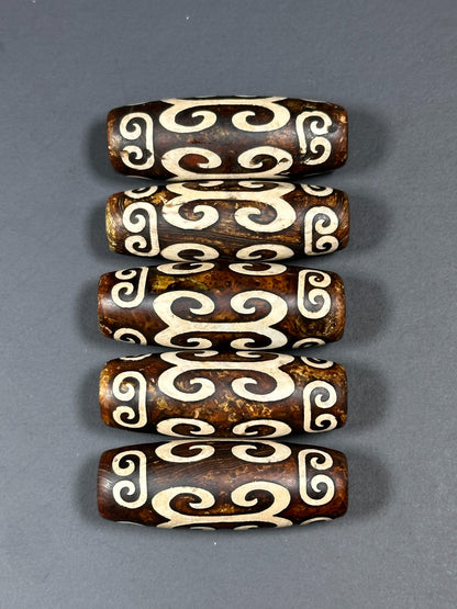 NATURAL Hand Painted Tibetan Agate Stone Bead 39x14mm Barrel Tube Shape Bead, Beautiful Brown White Color Hand Painted Tibetan Loose Beads