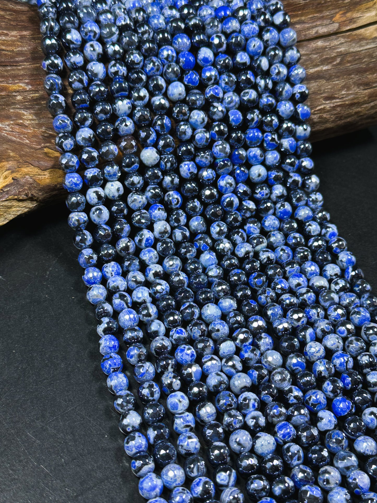 Mystic Natural Tibetan Agate Gemstone Bead Faceted 8mm 10mm Round Beads, Beautiful Mystic Blue Black Agate Stone Beads, Full Strand 15.5"