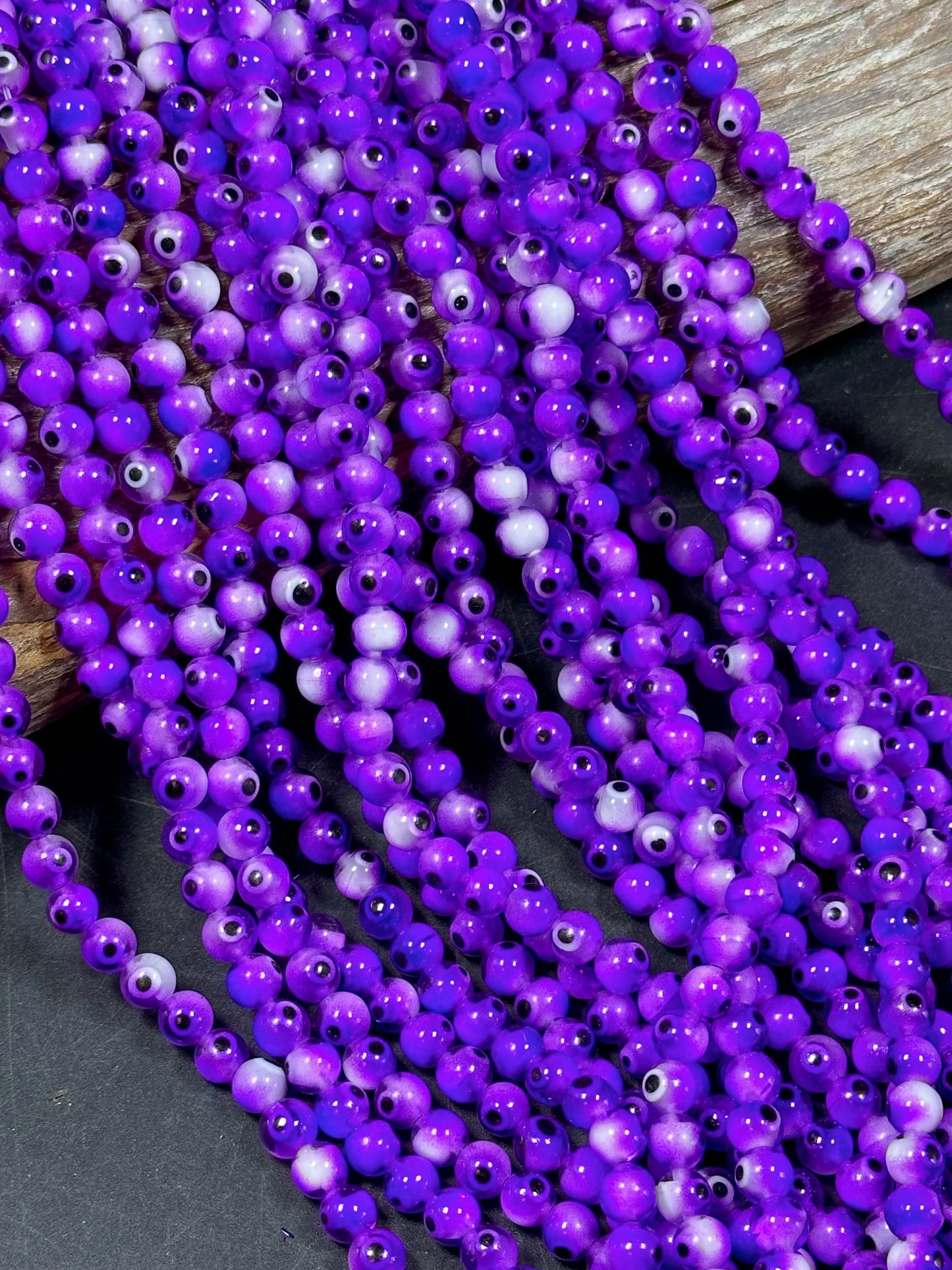 Beautiful Purple Evil Eye Glass Beads 6mm Round Beads, Beautiful Purple Clear Color Evil Eye Amulet Glass Beads, Full Strand Glass Beads