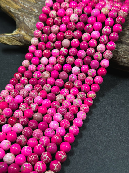 Natural Sea Sediment Jasper Gemstone Bead 4mm 6mm 8mm 10mm Round Beads, Beautiful Hot Pink Color Imperial Jasper Bead Full Strand 15.5"