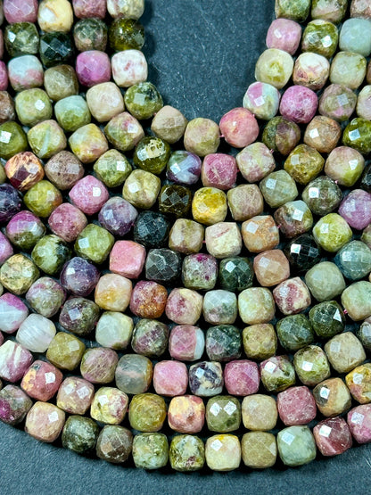 AA Natural Tourmaline Gemstone Beads Faceted 8mm Cube Shape, Beautiful Multicolor Tourmaline Gemstone Beads Full Strand 15.5"