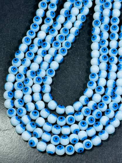 Beautiful Evil Eye Glass Beads 8mm Round Beads, Beautiful White with Blue Eyes Evil Eye Amulet Glass Beads, Full Strand Glass Beads