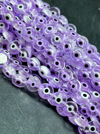 Beautiful Evil Eye Glass Beads 6mm 8mm 10mm Flat Coin Shape, Beautiful Purple Clear Color Evil Eye Glass Beads, Religious Amulet Prayer Beads