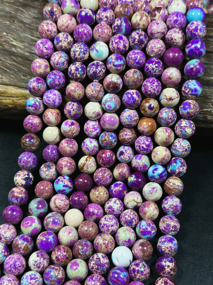 Natural Sea Sediment Jasper Gemstone Bead 6mm 8mm 10mm Round Beads, Beautiful Purple Blue Beige Color Imperial Jasper Bead Full Strand 15.5"