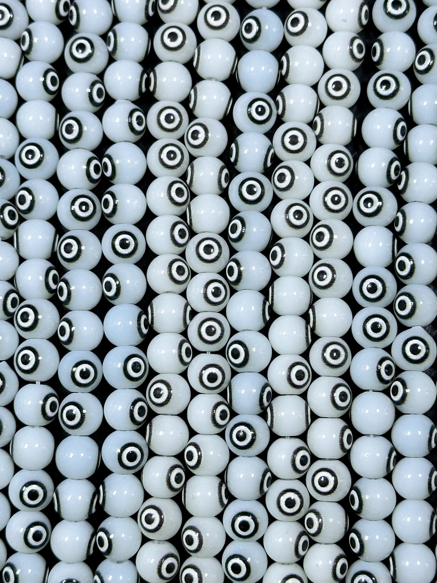 Beautiful White Evil Eye Glass Beads 6mm 8mm Round Beads, Beautiful White Black Evil Eye Amulet Glass Beads, Full Strand Glass Beads