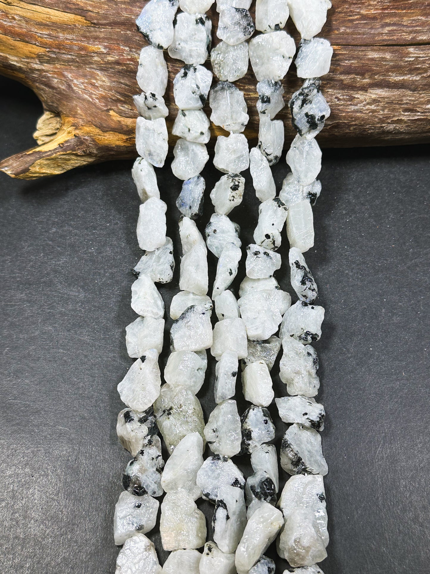 Natural Raw Moonstone Gemstone Bead Freeform Nugget Shape, Beautiful Natural White Moonstone w/ Black Inclusions Stone Bead 15.5" Strand