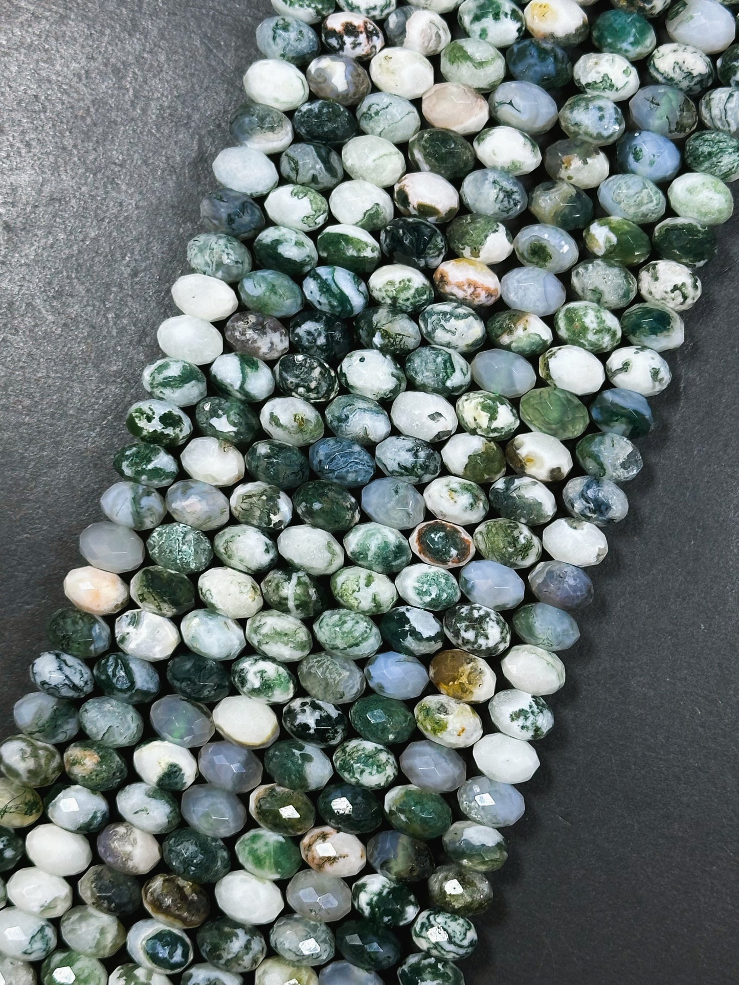 Natural Green Moss Agate Gemstone Bead Faceted Rondelle Shape Beads, Gorgeous Natural White Green Color Moss Agate Beads Full Strand 15.5"