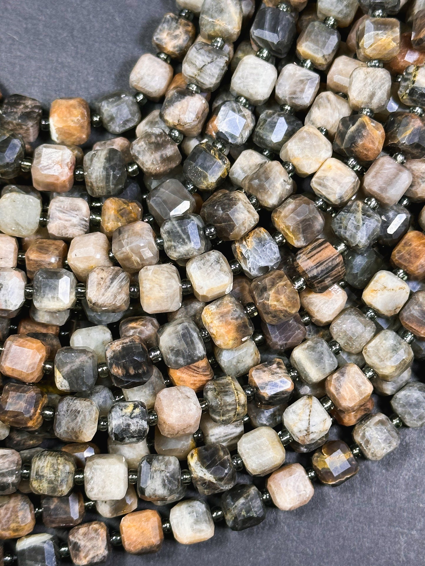 AAA Natural Black Moonstone Gemstone Bead, Faceted 8mm Cube Shape, Beautiful Black Brown Color Moonstone Beads Full Strand 15.5"