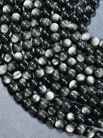 AAA Natural Silver Obsidian Gemstone Bead 6mm 8mm 10mm 12mm Round Bead, Gorgeous Black Silver Sheen Obsidian Beads, Excellent Quality Full Strand 15.5"