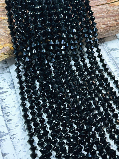 Natural Black Tourmaline Gemstone Bead Faceted 8mm Bicone Diamond Shape Bead, Beautiful Natural Black Tourmaline Bead Full Strand 15.5"