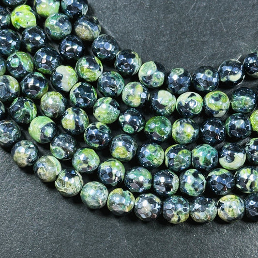 Mystic Natural Tibetan Agate Gemstone Bead Faceted 8mm 10mm Round Beads, Beautiful Mystic Green Black Agate Stone Beads, Full Strand 15.5"