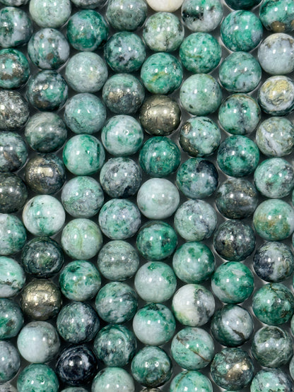 NATURAL Pyrite in Green Jade Gemstone Bead 6mm 8mm 10mm Round Beads. Gorgeous Green Color Copper Ore Gemstone Loose Beads Full Strand 15.5"