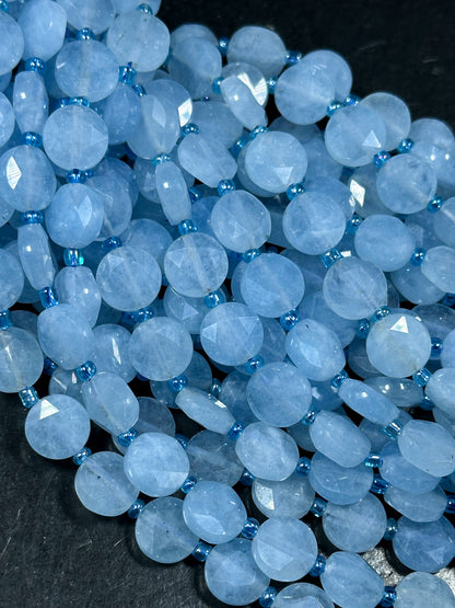 Natural Aquamarine Gemstone Bead Faceted 10mm Coin Shape Bead, Beautiful Natural Blue Color Aquamarine Beads, Great Quality 15.5" Strand