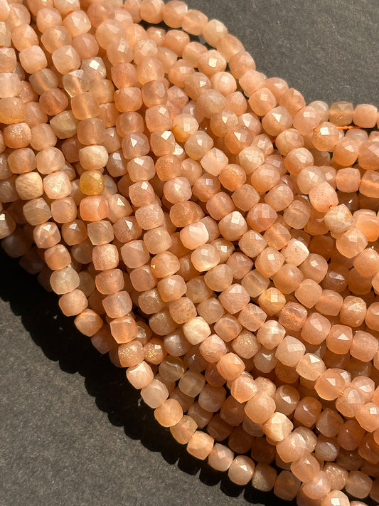 Natural Peach Moonstone Gemstone Bead Faceted 4.5mm Cube Shape Bead, Gorgeous Natural Peach Color Natural Flash Peach Moonstone Beads 15.5"