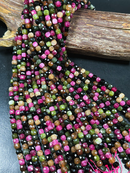 Natural Tourmaline Gemstone Bead Faceted 5mm 7mm Cube Shape, Beautiful Multicolor Black Pink Green Brown Tourmaline Bead, Full 15.5" Strand