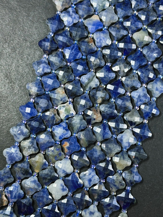 Natural Sodalite Gemstone Bead Faceted 12mm Clover Flower Shape Bead, Gorgeous Natural Blue White Color Sodalite Gemstone Beads 15.5" Strand