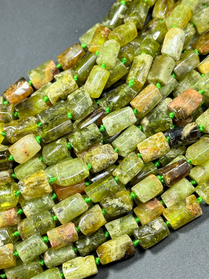 Natural Green Garnet Gemstone Bead Faceted 12x7mm Tube Shape, Beautiful Natural Green Brown Color Garnet Gemstone Bead Great Quality 15.5"