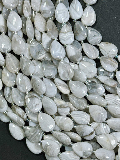 Natural White Lace Agate Gemstone Bead 18x13mm Teardrop Shape, Gorgeous White Gray Color Agate Gemstone Bead Great Quality Full Strand 15.5"