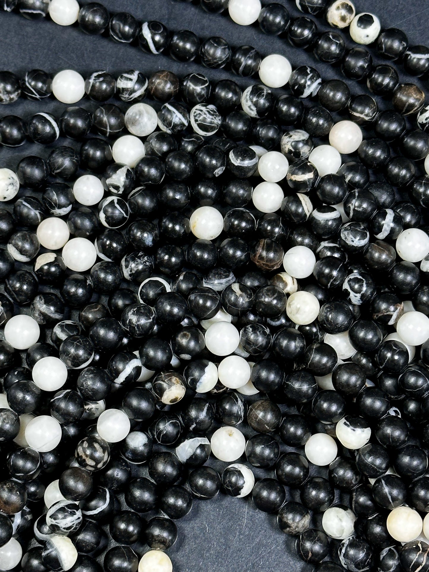 Natural Black White Agate Gemstone Bead 6mm 8mm 10mm Round Beads, Beautiful Black White Color Agate Gemstone Full Strand 15.5"