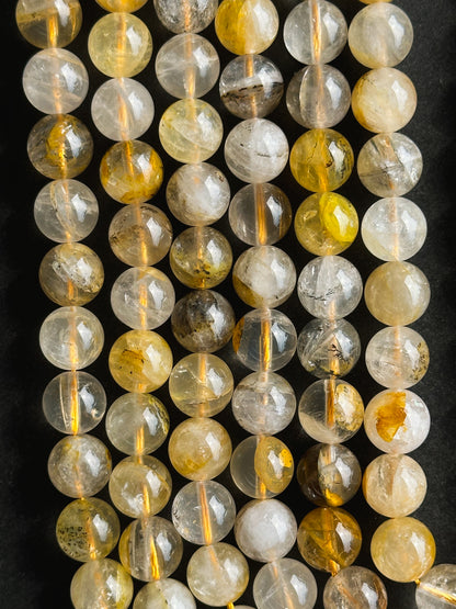 Natural Golden Healer Quartz Gemstone Bead 6mm 8mm 10mm Round Bead, Gorgeous Natural Golden Yellow Brown Clear Healer Rutilated Quartz 15.5"