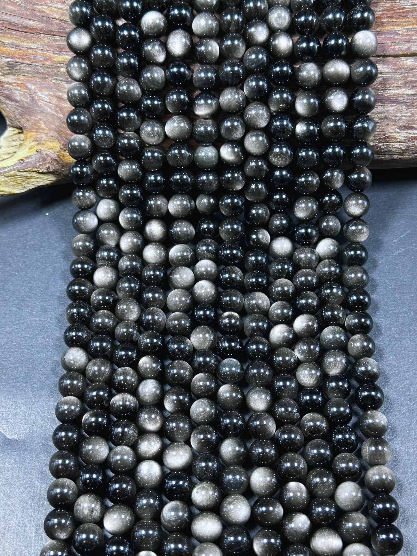 AAA Natural Silver Obsidian Gemstone Bead 6mm 8mm 10mm 12mm Round Bead, Gorgeous Black Silver Sheen Obsidian Beads, Excellent Quality Full Strand 15.5"