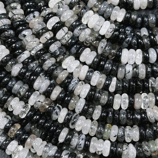 Natural Rutilated Quartz Gemstone Bead 6x2mm Rondelle Shape, Beautiful Natural Clear Black Color Rutilated Quartz Bead, Great Quality 15.5"