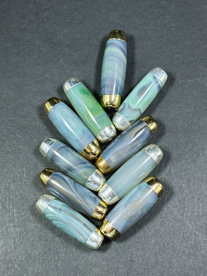 Natural Dragon Skin Agate Gemstone 40x14mm Barrel Shape Bead, Gorgeous Clear Green-Blue Color Stone Beads, Filled Edges, Loose Focal Beads