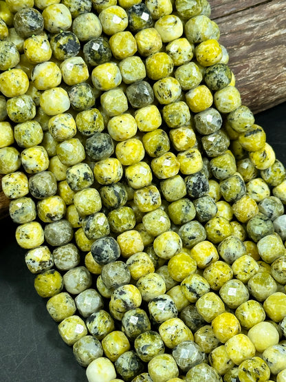 Natural Yellow Turquoise Gemstone Bead Faceted 9-10mm Cube Shape Bead, Beautiful Yellow Color Turquoise Gemstone Bead 15.5"