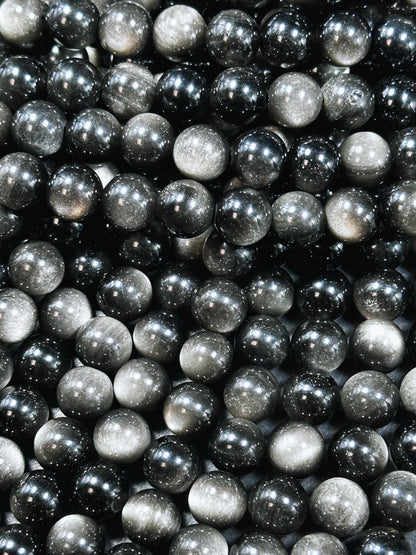 AAA Natural Silver Obsidian Gemstone Bead 6mm 8mm 10mm 12mm Round Bead, Gorgeous Black Silver Sheen Obsidian Beads, Excellent Quality Full Strand 15.5"