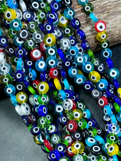 Beautiful Evil Eye Glass Beads 6mm 10mm Flat Coin Shape, Beautiful Multicolor Rainbow Evil Eye Glass Beads, Religious Amulet Prayer Beads