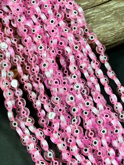 Beautiful Evil Eye Glass Beads 6mm 8mm 10mm Flat Coin Shape, Beautiful Pink Clear Color Evil Eye Glass Beads, Religious Amulet Prayer Beads