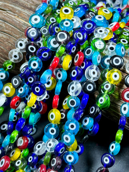 Beautiful Evil Eye Glass Beads 6mm 10mm Flat Coin Shape, Beautiful Multicolor Rainbow Evil Eye Glass Beads, Religious Amulet Prayer Beads