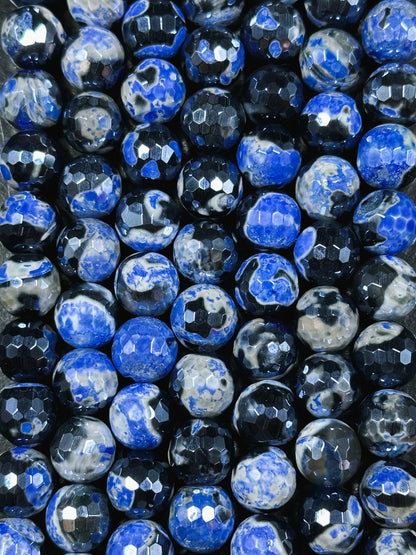 Mystic Natural Tibetan Agate Gemstone Bead Faceted 8mm 10mm Round Beads, Beautiful Mystic Blue Black Agate Stone Beads, Full Strand 15.5"