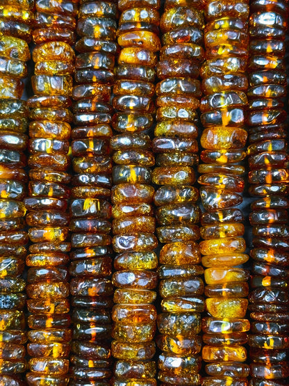 Natural Baltic Amber Gold Stone Bead 8-10mm Rondelle Shape, Beautiful Dark Golden Orange Color Baltic Amber Gold Succinite Beads, Great Quality Full Strand 15.5"