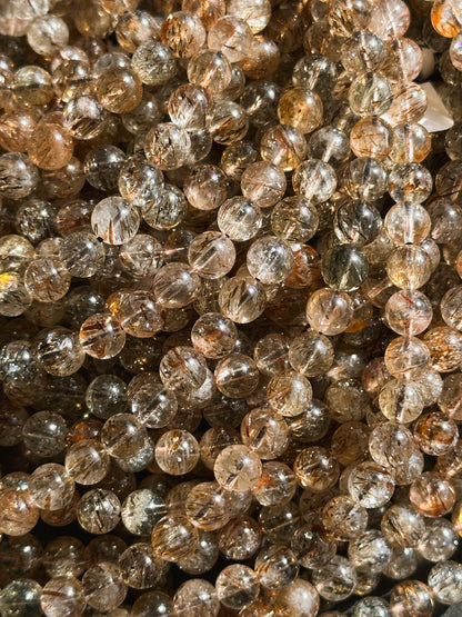 AAA Natural Rutilated Quartz Gemstone Bead 6mm Round Beads, Beautiful Natural Clear Brown Rutilated Quartz Stone Beads Full Strand 15.5"