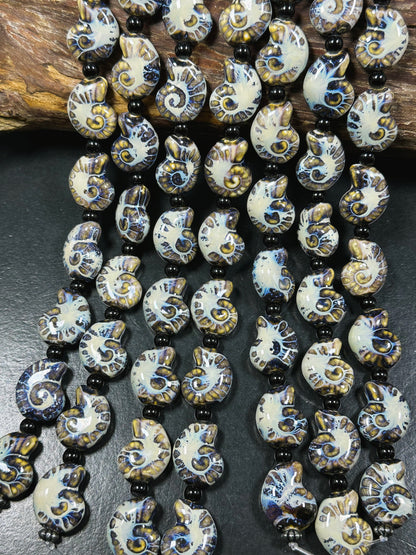 Beautiful Hand Painted Porcelain Beads, 21x17mm Unique Hand Painted Blue Porcelain Nautilus Shell Shape Beads, Gorgeous Porcelain Beads 9"