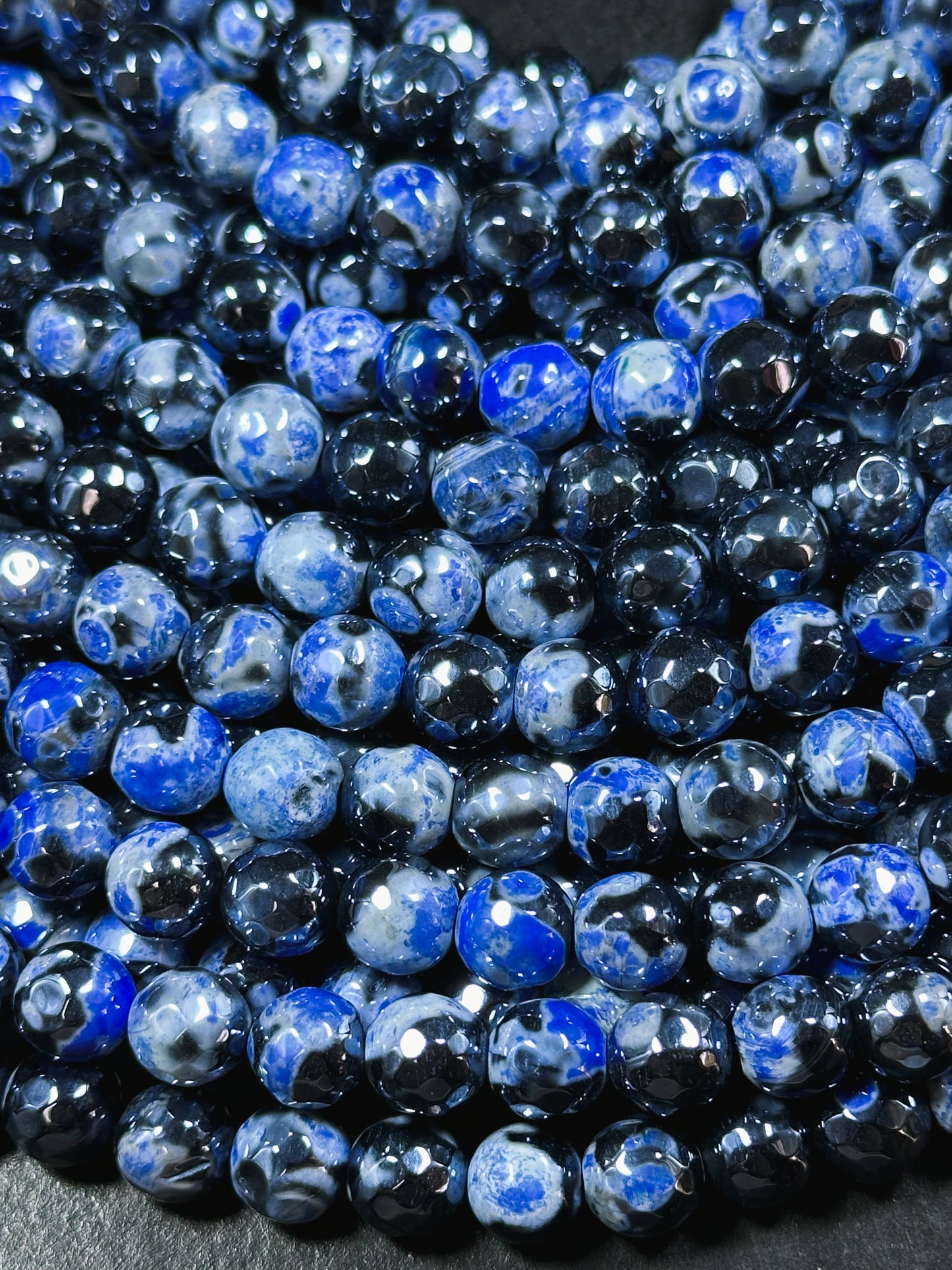 Mystic Natural Tibetan Agate Gemstone Bead Faceted 8mm 10mm Round Beads, Beautiful Mystic Blue Black Agate Stone Beads, Full Strand 15.5"