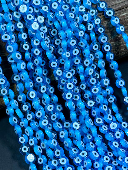 Beautiful Evil Eye Glass Bead 8mm Flat Coin Shape, Beautiful Turquoise Blue w/ Blue Eyes Evil Eye Glass Bead, Religious Amulet Prayer Beads