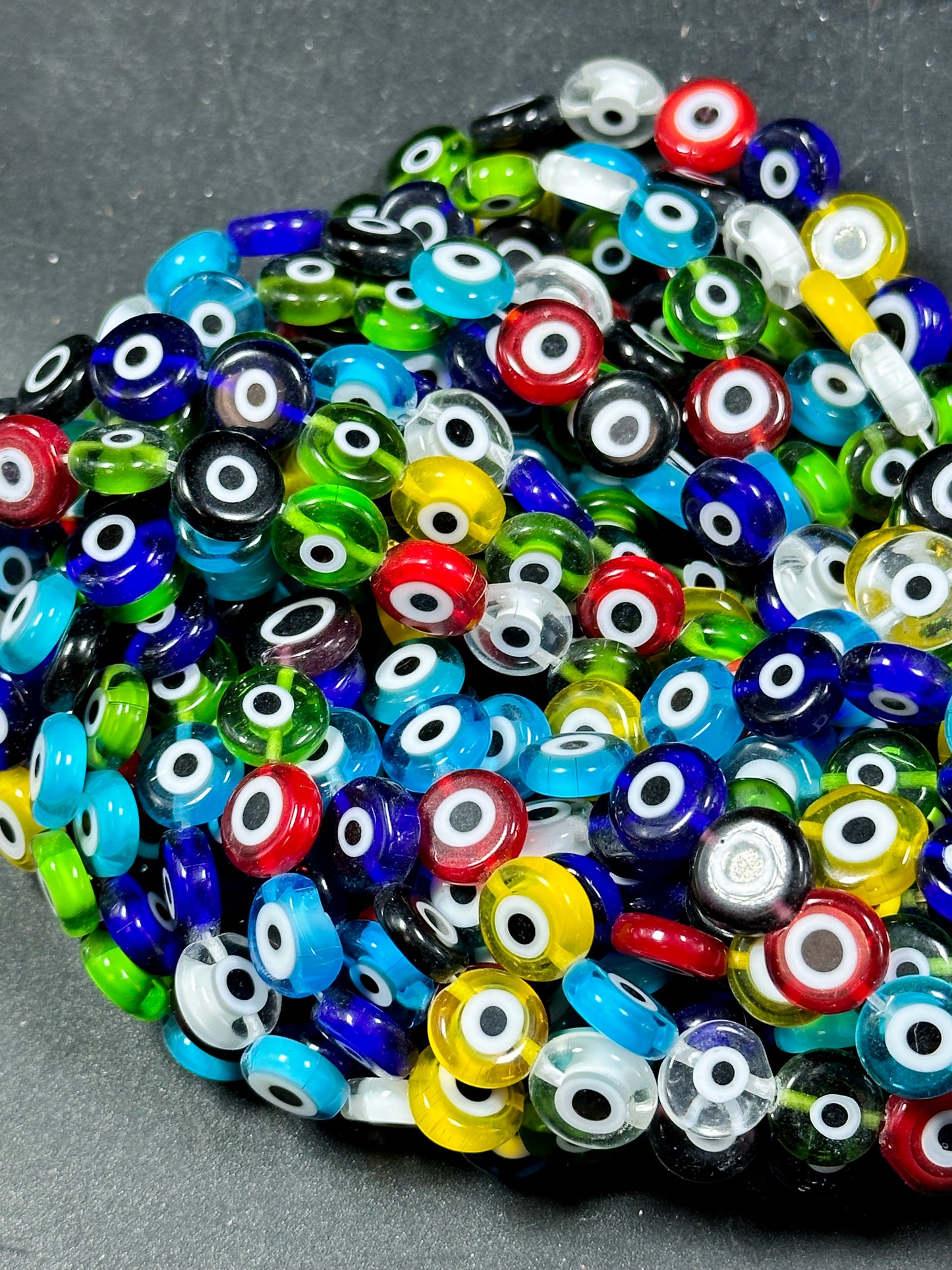 Beautiful Evil Eye Glass Beads 6mm 10mm Flat Coin Shape, Beautiful Multicolor Rainbow Evil Eye Glass Beads, Religious Amulet Prayer Beads