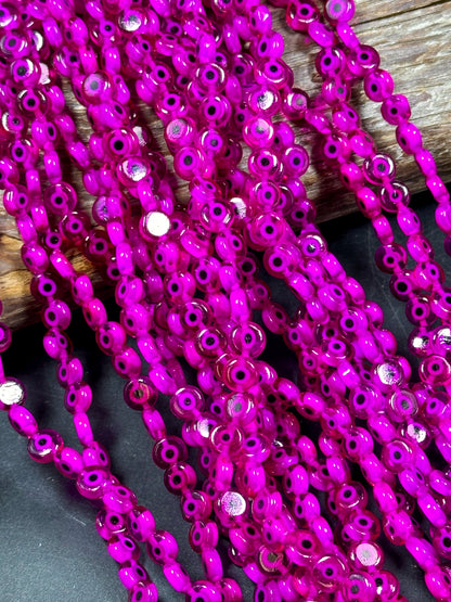 Beautiful Evil Eye Glass Beads 6mm 8mm Flat Coin Shape, Beautiful Hot Pink Magenta Color Evil Eye Beads, Religious Amulet Prayer Beads