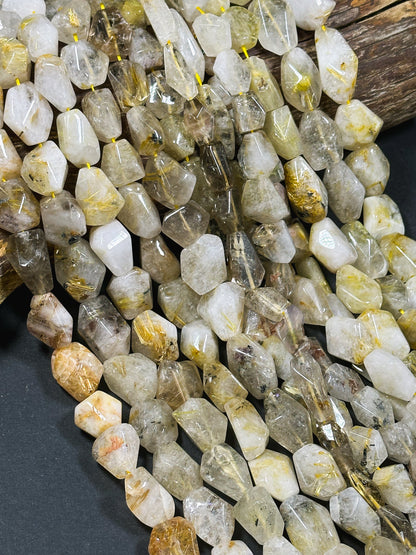 Natural Gold Rutilated Quartz Gemstone Bead Faceted Freeform Nugget Shape, Beautiful Golden Yellow Color Quartz, Great Quality Full Strand